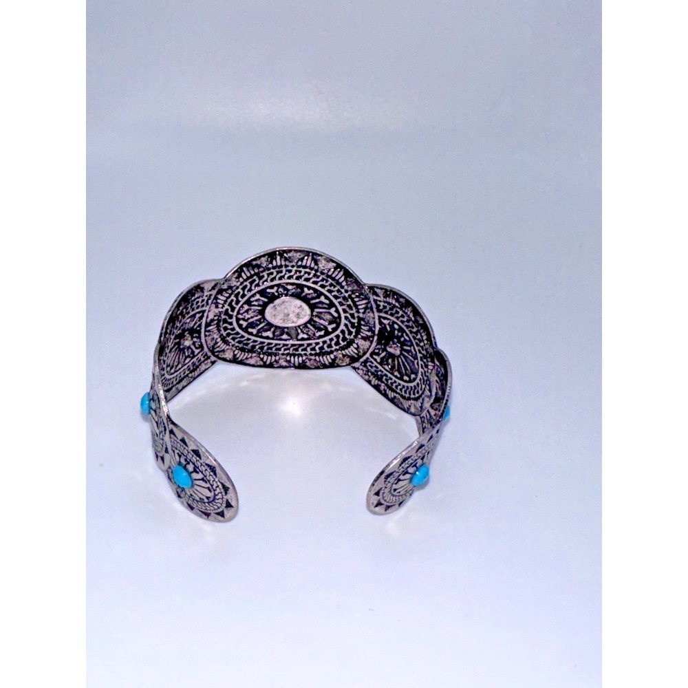Bracelet Cuff Silvertone With Imitation Turquoise Small Boho Western - Picture 5 of 5